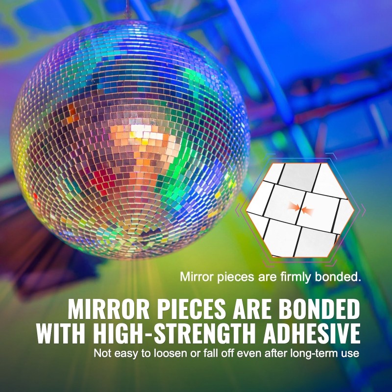 Diskopallo halkaisija 495 mm lasipeileillä hopea kiinteällä hiiliteräksisellä ripustuslenkillä