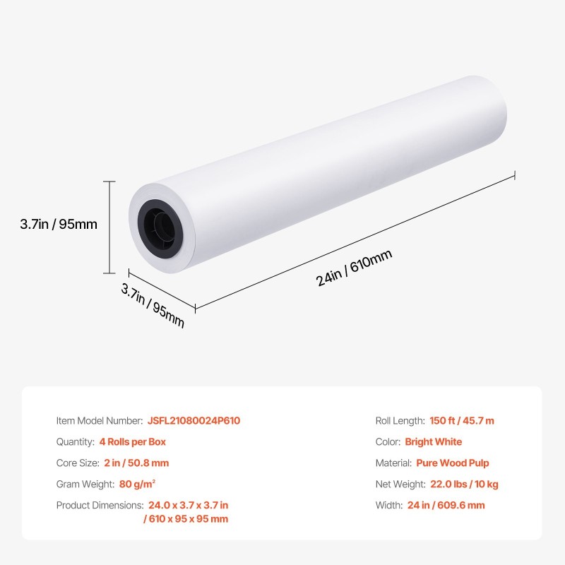 Laajamuotoinen puumassainen piirustuspaperi 610 mm 80 g/m² 4 rullaa