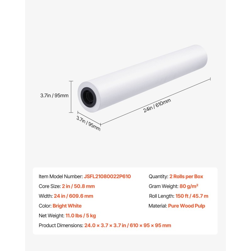 Leveät tulostuspaperirullat 609 mm 80 g/m² 2 rullaa teknisiin piirustuksiin puusellusta