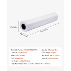 Suurkokoinen tulostinpaperi puhdas puumassa 762 mm 152,4 m 2 rullaa 80 g/m²