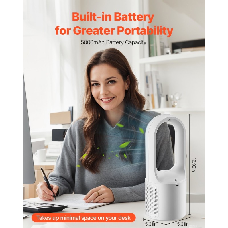 Terätön pöytätuuletin kompaktikokoinen USB-lataus 5000 mAh akku 6 nopeutta hiljainen