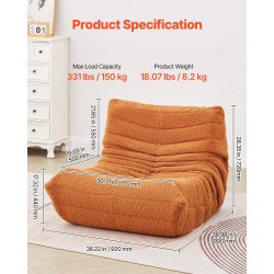 L-muotoinen säkkituoli teddysamettipäällisellä 25D-muistivaahdolla ruskea ergonomisella selkänojalla