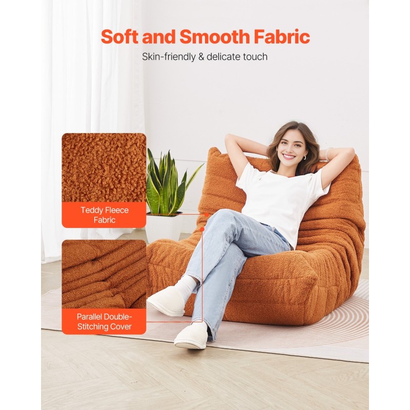 L-muotoinen säkkituoli teddysamettipäällisellä 25D-muistivaahdolla ruskea ergonomisella selkänojalla