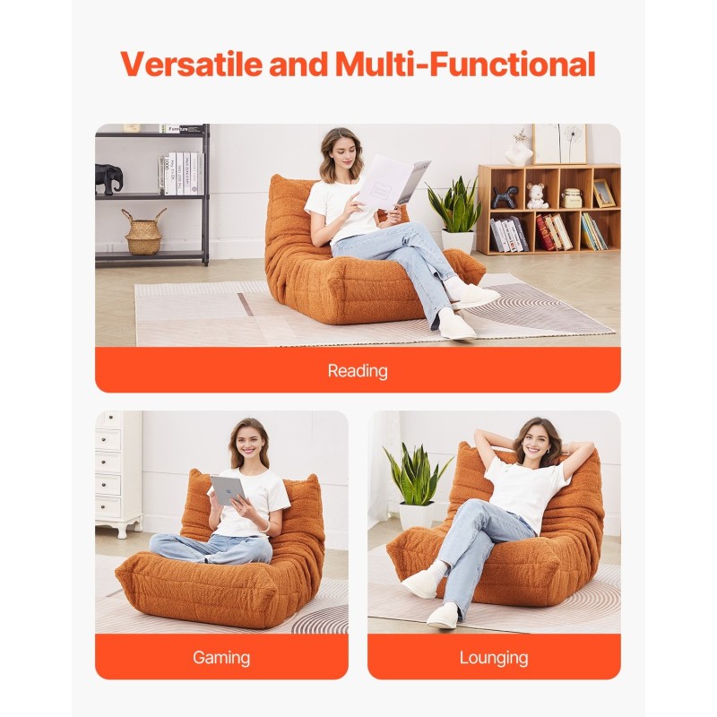 L-muotoinen säkkituoli teddysamettipäällisellä 25D-muistivaahdolla ruskea ergonomisella selkänojalla