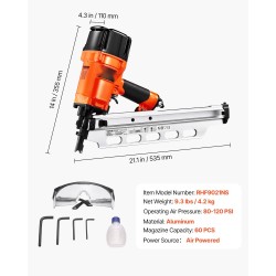 Paineilmakäyttöinen alumiininen kehysnaulain 21 asteen 50–90 mm nauloille 60 kpl