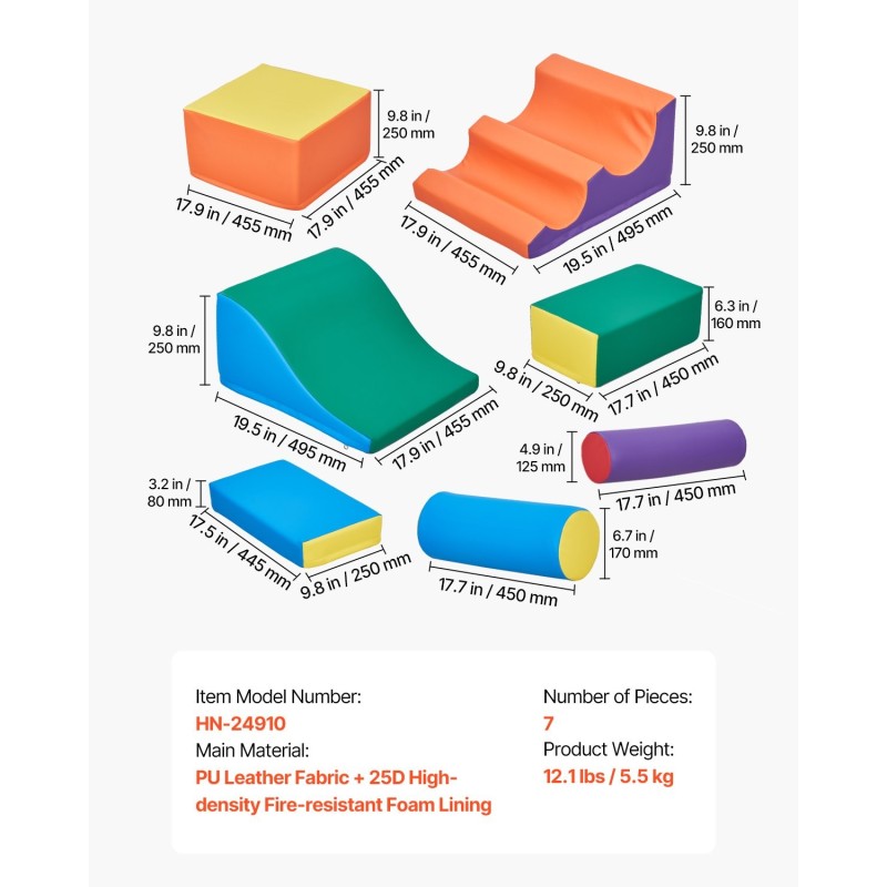 Pehmeä 7-osainen kiipeilylelusetti PU-nahkainen vaahtotäytteellä 6–36 kk sisäleikkeihin