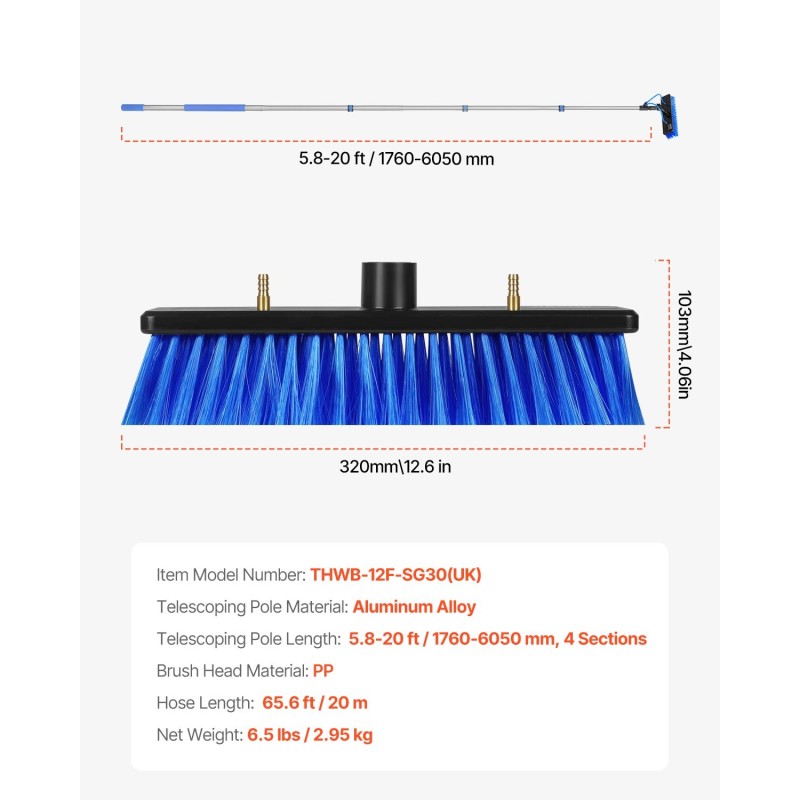 Vesisyötteinen alumiininen teleskooppivarsi 6 m kääntyvällä 30 cm harjapäällä 20 m letku