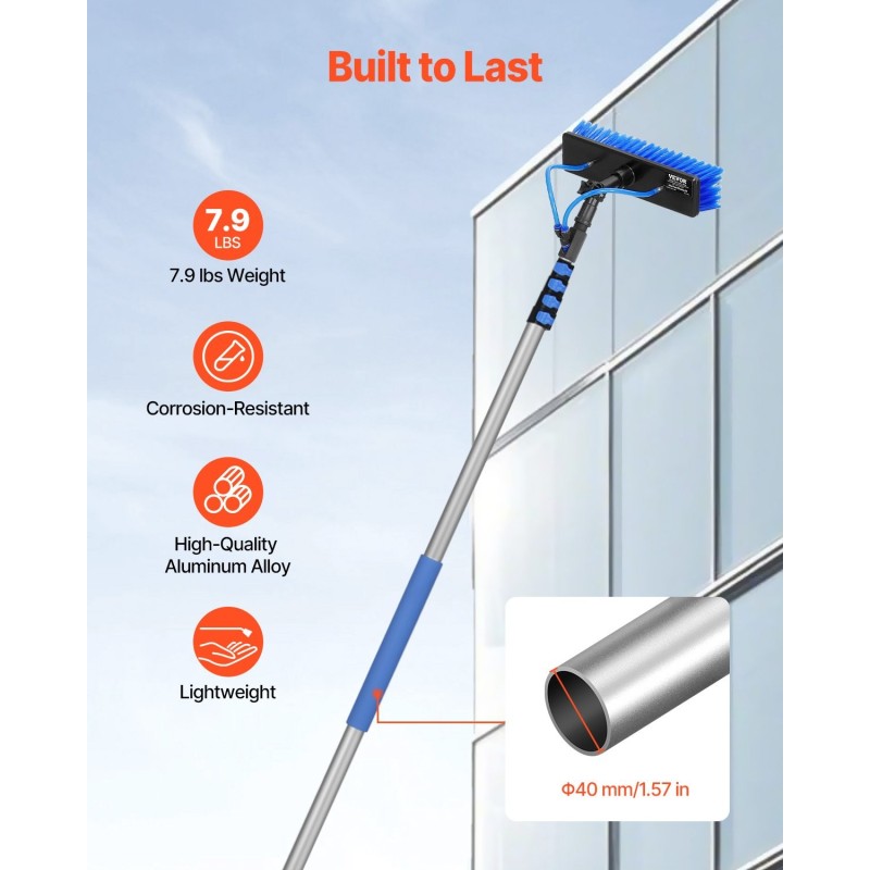 Teleskooppivarsi alumiiniseos 1785–7345 mm 180° kääntyvä harjapää 2 vesisuutinta 20 m letku