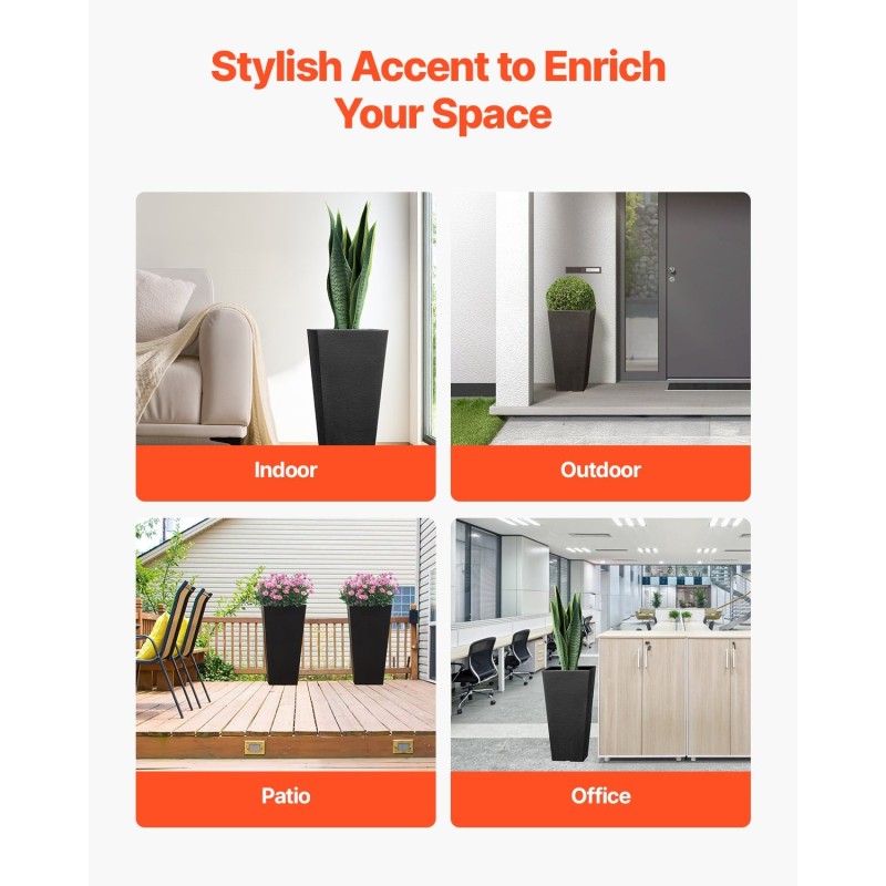 Istutusruukut 2 kpl PP-muovista 57 cm musta kapeneva neliömuoto sisä- ja ulkokäyttöön