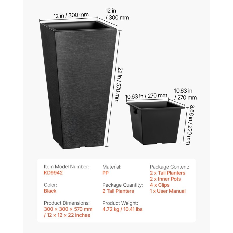 Istutusruukut 2 kpl PP-muovista 57 cm musta kapeneva neliömuoto sisä- ja ulkokäyttöön