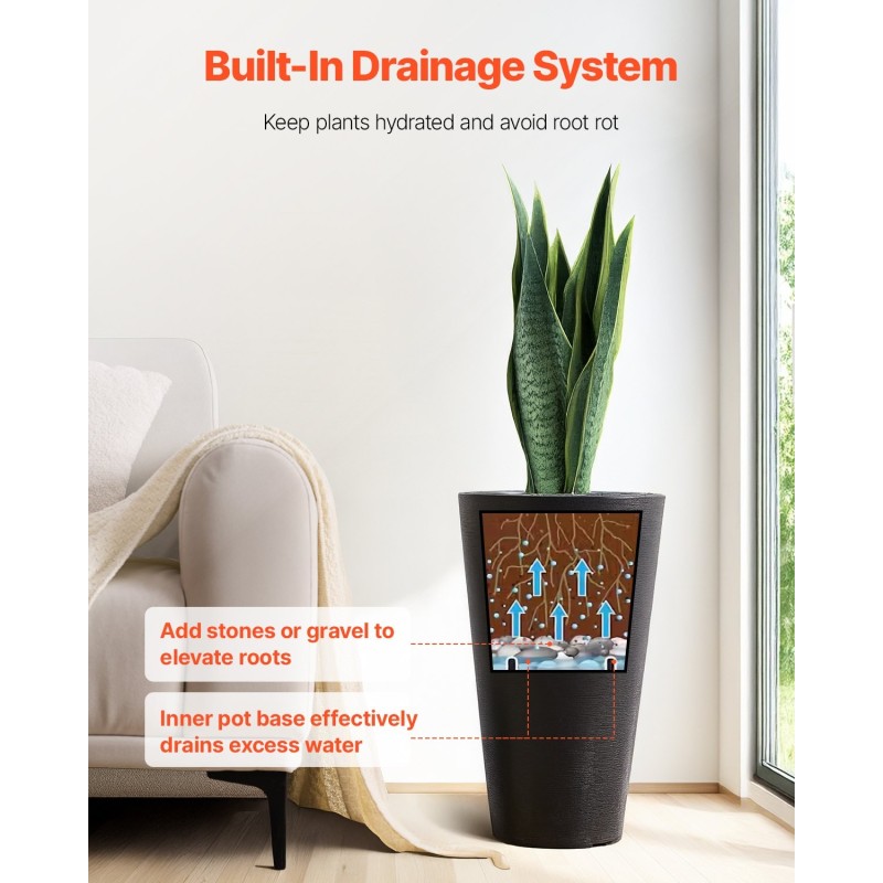 Korkeat ruukut 2 kpl PP-muovia 59 cm musta sisä- ja ulkokäyttöön vedenpoistolla