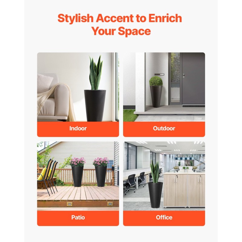 Korkeat ruukut 2 kpl PP-muovia 59 cm musta sisä- ja ulkokäyttöön vedenpoistolla