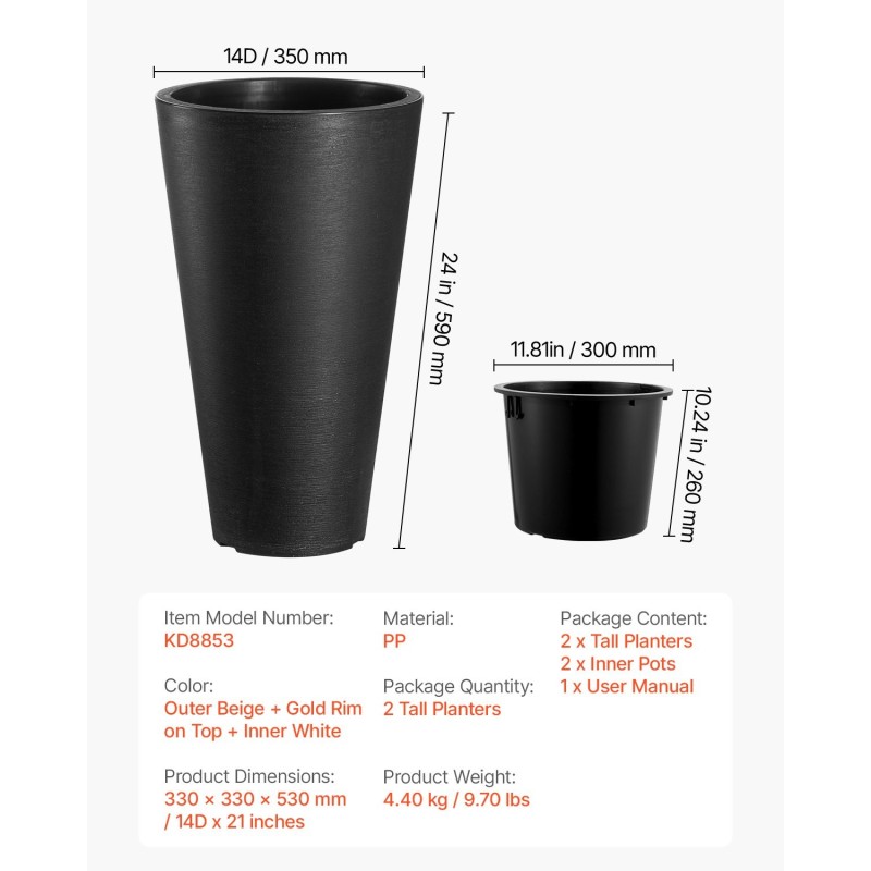 Korkeat ruukut 2 kpl PP-muovia 59 cm musta sisä- ja ulkokäyttöön vedenpoistolla
