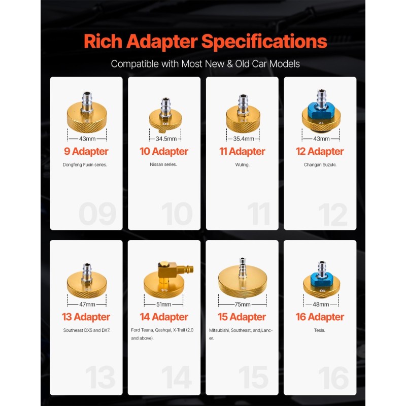 Jarrunestesäiliön adapterisarja 17-osainen alumiininen muovipinnoitteella jarrunesteen vaihtoon