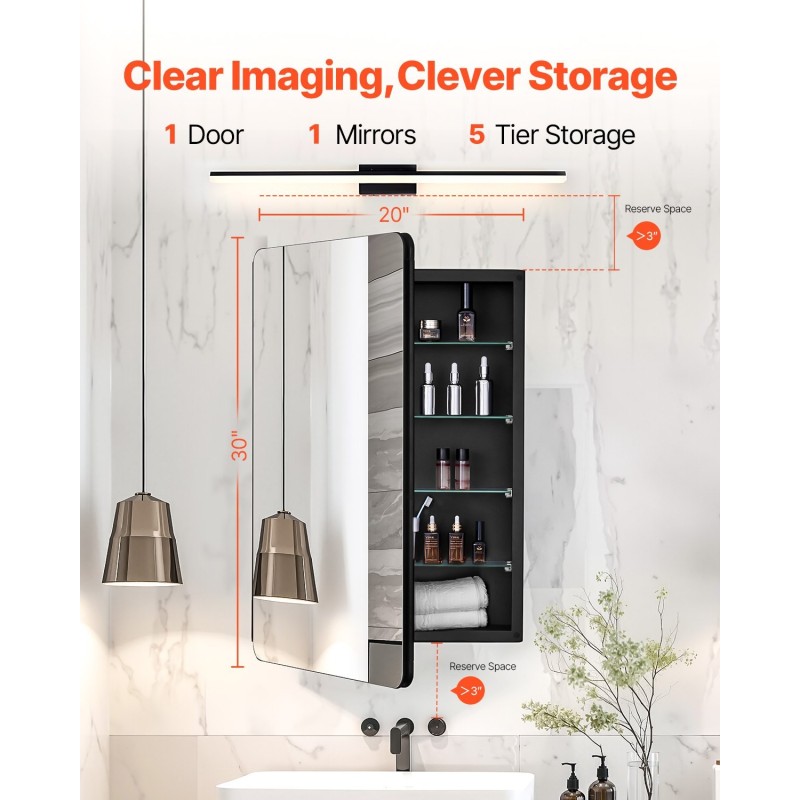 Kylpyhuoneen lääkekaappi peiliovella teräsrunko neljä säädettävää karkaistua lasihyllyä käännettävä ovi