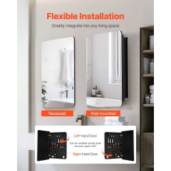 Kylpyhuoneen lääkekaappi peiliovella teräsrunko neljä säädettävää karkaistua lasihyllyä käännettävä ovi