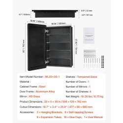 Kylpyhuoneen lääkekaappi peiliovella teräsrunko neljä säädettävää karkaistua lasihyllyä käännettävä ovi