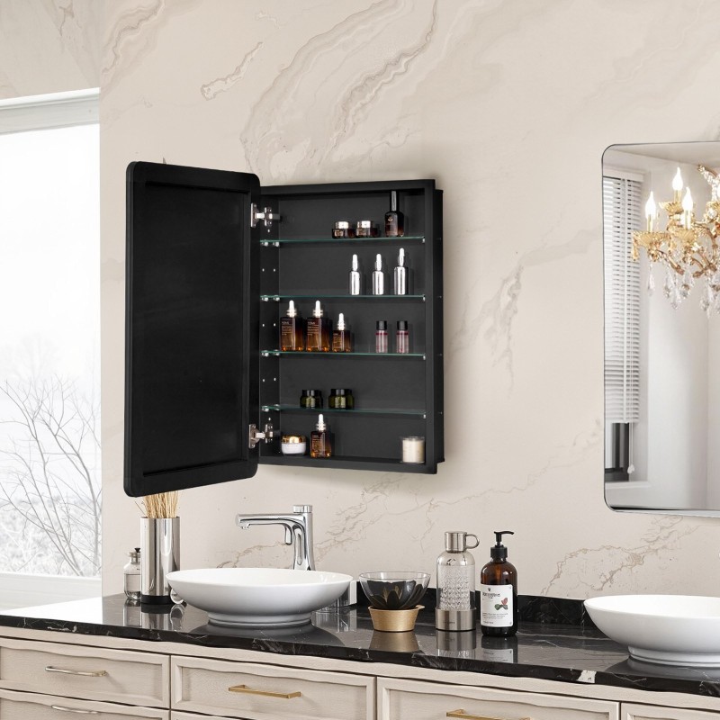 Kylpyhuoneen lääkekaappi peiliovella teräsrunko neljä säädettävää karkaistua lasihyllyä käännettävä ovi