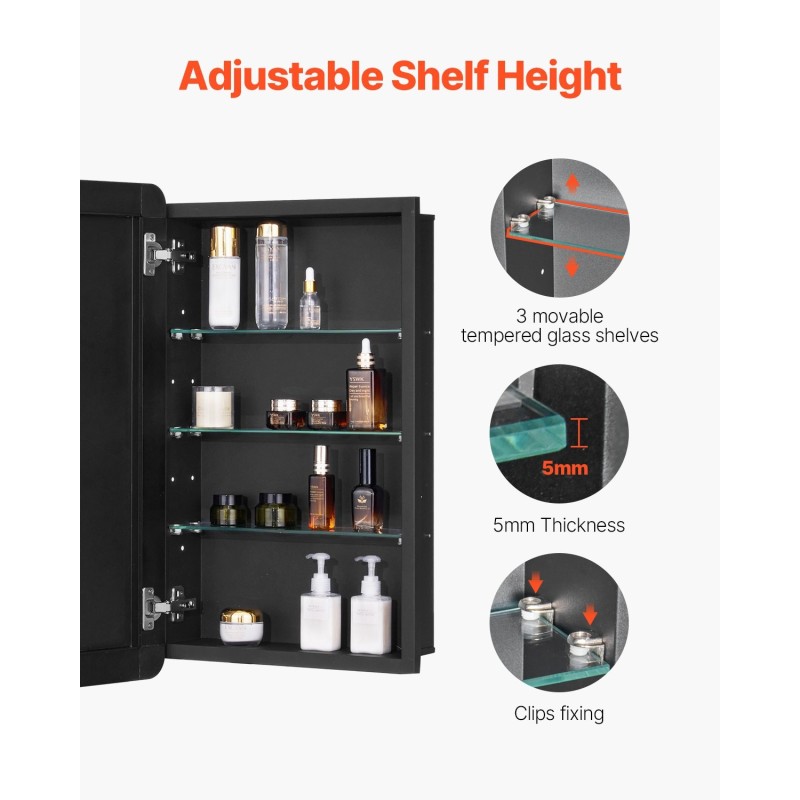 Lääkekaappi peilillä alumiinirunko karkaistut lasihyllyt kolme hyllyä upotettava tai seinälle asennettava