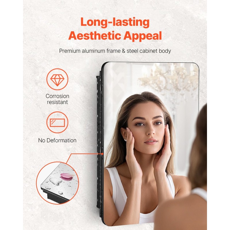 Lääkekaappi peilillä alumiinirunko karkaistut lasihyllyt kolme hyllyä upotettava tai seinälle asennettava