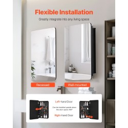 Lääkekaappi peilillä alumiinirunko karkaistut lasihyllyt kolme hyllyä upotettava tai seinälle asennettava