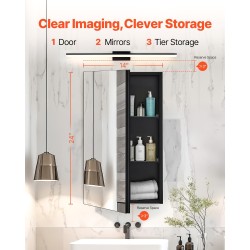 Peilikaappi alumiinirunko 355×135×610 mm 2 säädettävää hyllyä uppoasennus tai seinäasennus