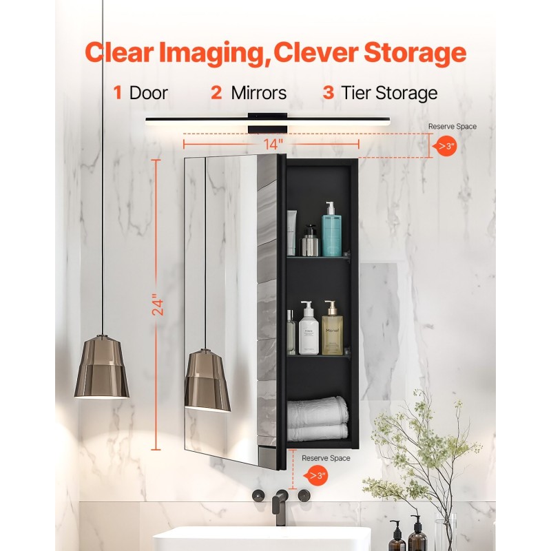 Peilikaappi alumiinirunko 355×135×610 mm 2 säädettävää hyllyä uppoasennus tai seinäasennus