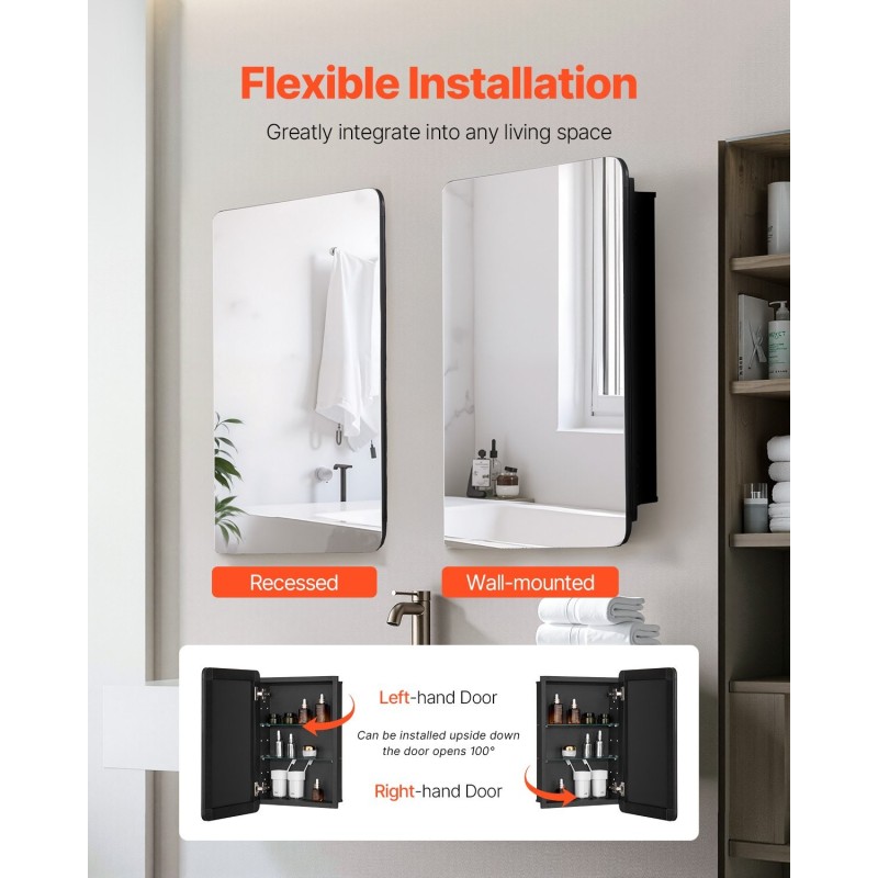 Seinään asennettava peilikaappi kylpyhuoneeseen alumiinirunko 2 korkeussäädettävää karkaistulasihyllyä