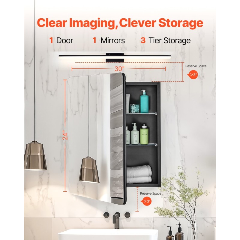 Peilikaappi kylpyhuoneeseen 24 x 30 tuumaa säädettävät karkaistut lasihyllyt