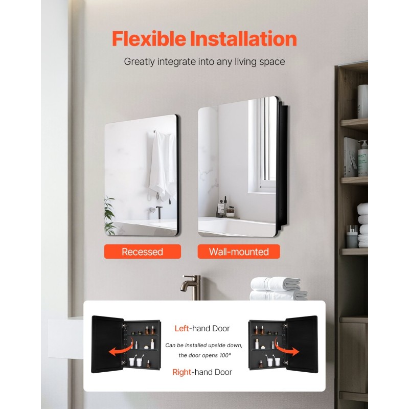 Peilikaappi kylpyhuoneeseen 24 x 30 tuumaa säädettävät karkaistut lasihyllyt