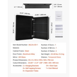 Peilikaappi kylpyhuoneeseen 24 x 30 tuumaa säädettävät karkaistut lasihyllyt