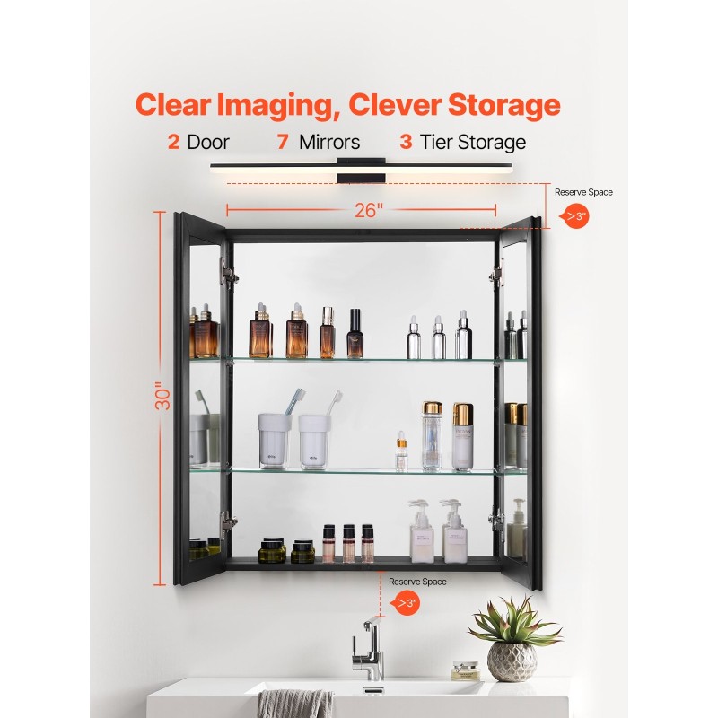 Peilillinen lääkekaappi kylpyhuoneeseen alumiinirungolla kaksi säädettävää hyllyä