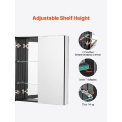 Peilillinen lääkekaappi kylpyhuoneeseen alumiinirungolla kaksi säädettävää hyllyä