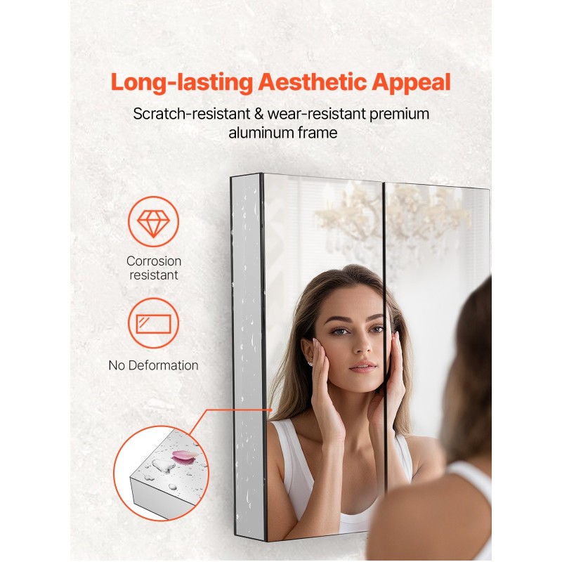 Peilillinen lääkekaappi kylpyhuoneeseen alumiinirungolla kaksi säädettävää hyllyä