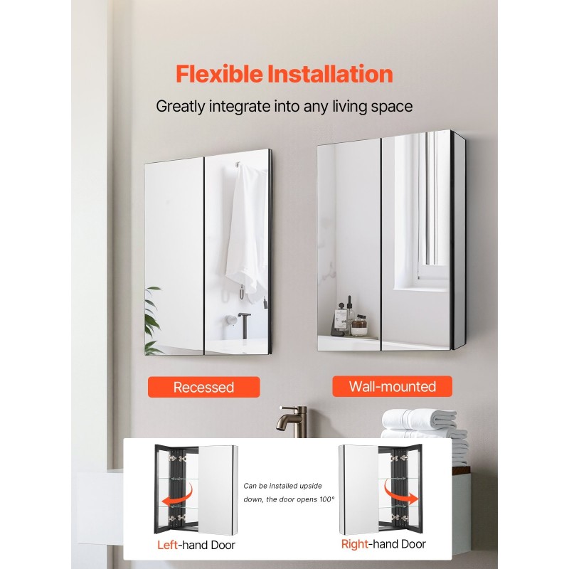 Peilillinen lääkekaappi kylpyhuoneeseen alumiinirungolla kaksi säädettävää hyllyä