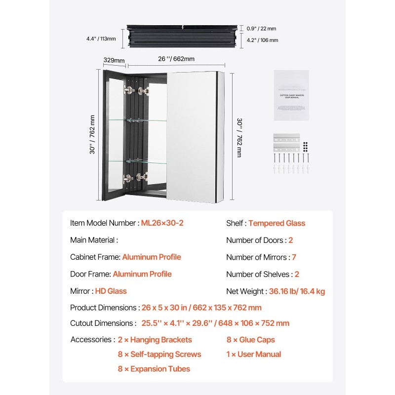 Peilillinen lääkekaappi kylpyhuoneeseen alumiinirungolla kaksi säädettävää hyllyä