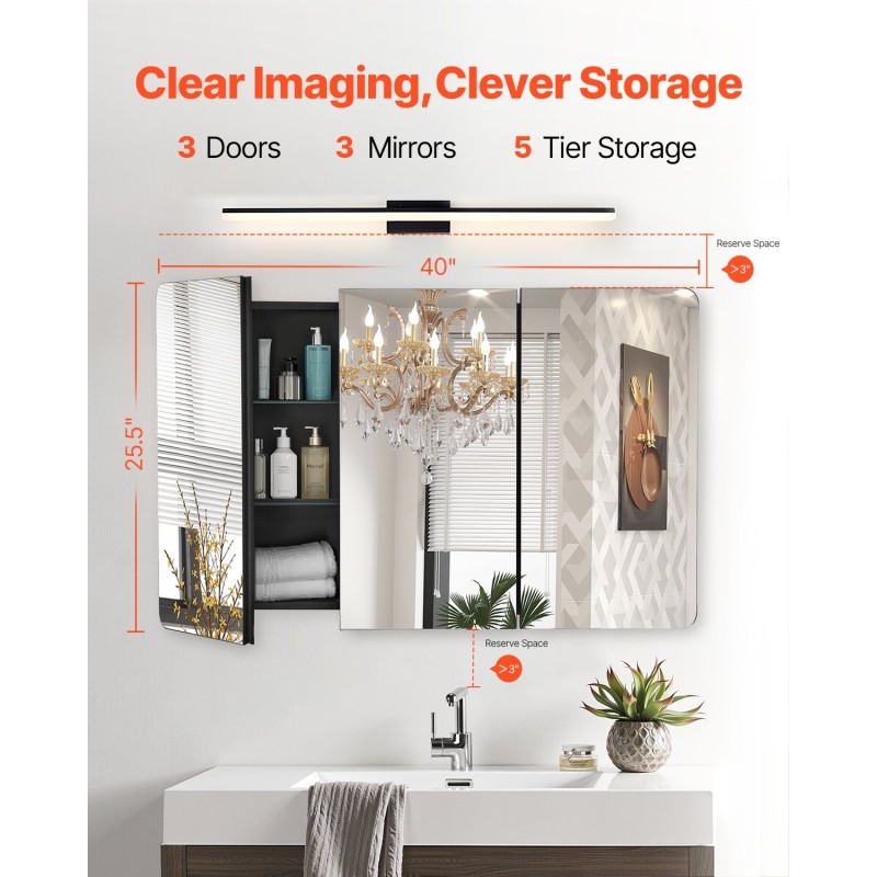 Lääkekaappi peilillä alumiinirunko 1017×647×135 mm 3-ovinen kylpyhuoneeseen