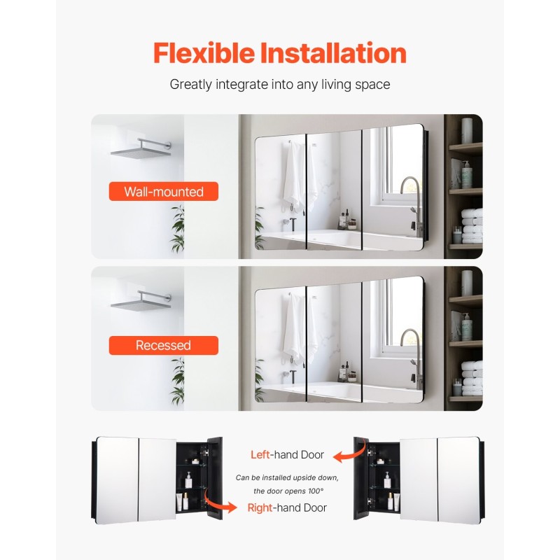 Lääkekaappi peilillä alumiinirunko 1017×647×135 mm 3-ovinen kylpyhuoneeseen