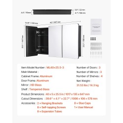 Lääkekaappi peilillä alumiinirunko 1017×647×135 mm 3-ovinen kylpyhuoneeseen