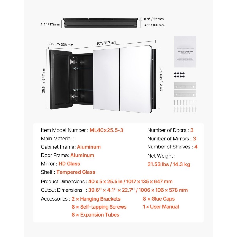 Lääkekaappi peilillä alumiinirunko 1017×647×135 mm 3-ovinen kylpyhuoneeseen