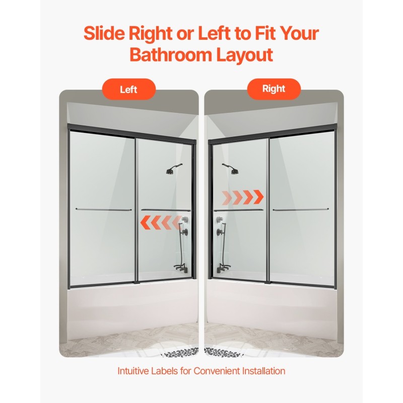 Puolikehyksellinen kaksiosainen liukuovi ammeeseen karkaistu kuusi millimetriä lasi musta alumiinikisko ruostumaton teräsvedin