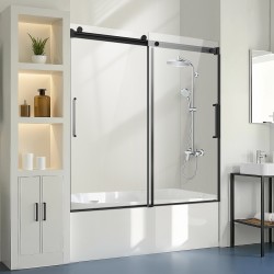 Kehyksetön liukuovi kylpyammeeseen kaksiosainen kahdeksan millimetriä karkaistu turvalasi musta