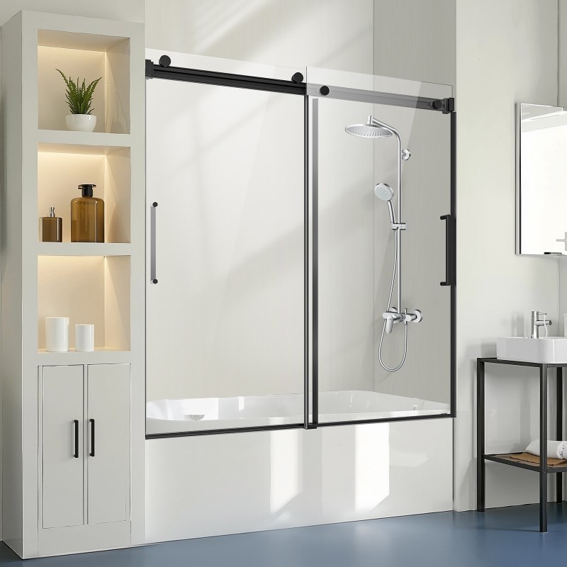 Kehyksetön liukuovi kylpyammeeseen kaksiosainen kahdeksan millimetriä karkaistu turvalasi musta