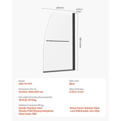 Puolikas kehyksetön suihkuovi ammeeseen musta 864x1397 mm 6 mm karkaistu lasi