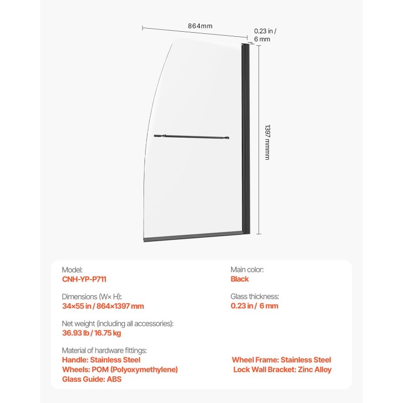 Puolikas kehyksetön suihkuovi ammeeseen musta 864x1397 mm 6 mm karkaistu lasi