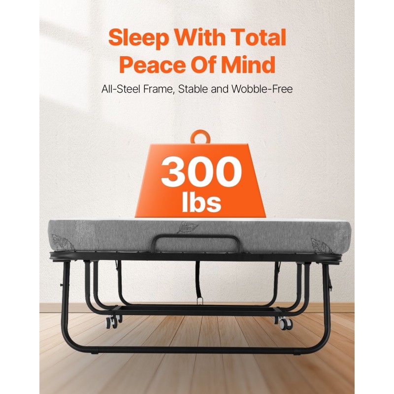 Taitettava vierassänky metallirungolla vaahtomuovipatjalla 98x190 cm lukittavat pyörät