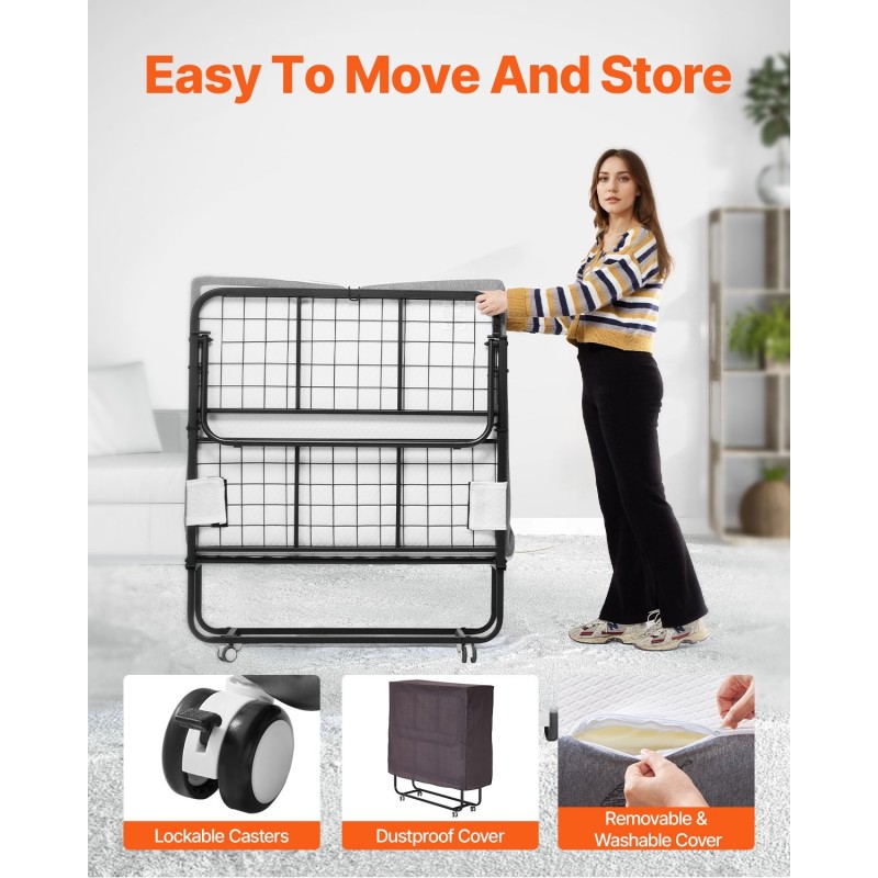 Taitettava vierassänky metallirungolla vaahtomuovipatjalla 98x190 cm lukittavat pyörät