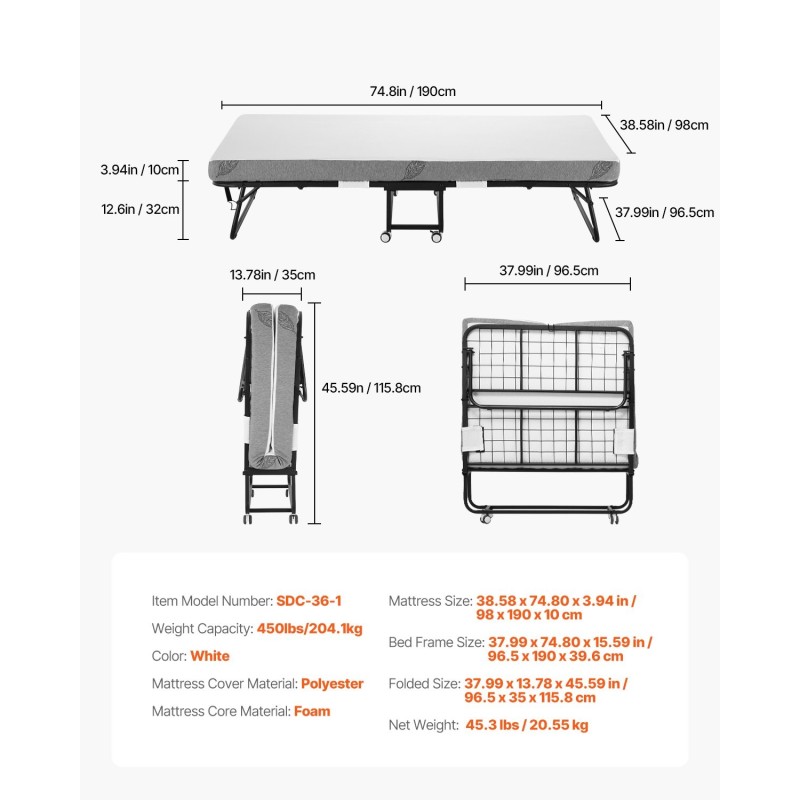 Taitettava vierassänky metallirungolla vaahtomuovipatjalla 98x190 cm lukittavat pyörät