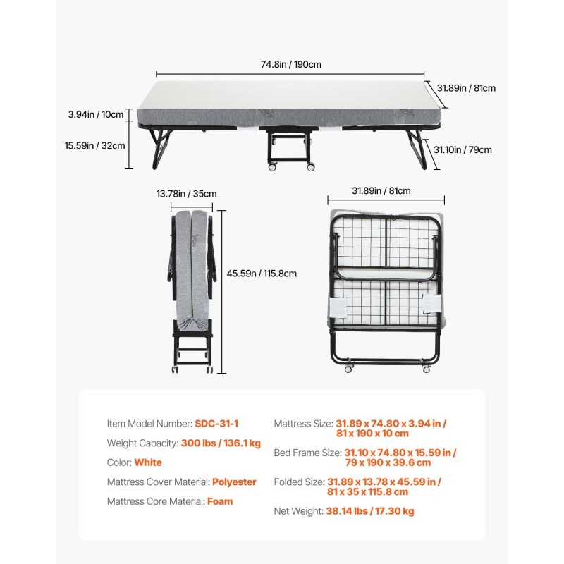Taitettava rullasänky metallirunkoinen 136 kilogramman kantavuus 10 senttimetrin vaahtopatja pyörillä