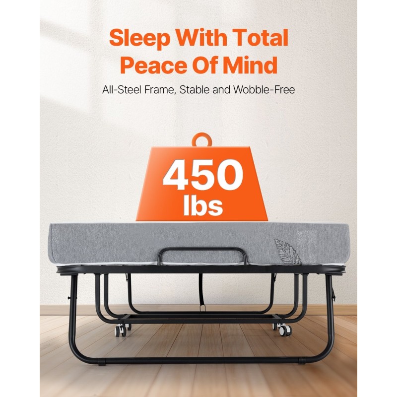 Taitettava vierassänky metallirungolla vaahtomuovipatjalla 98×190 senttimetriä kantavuus 204 kiloa